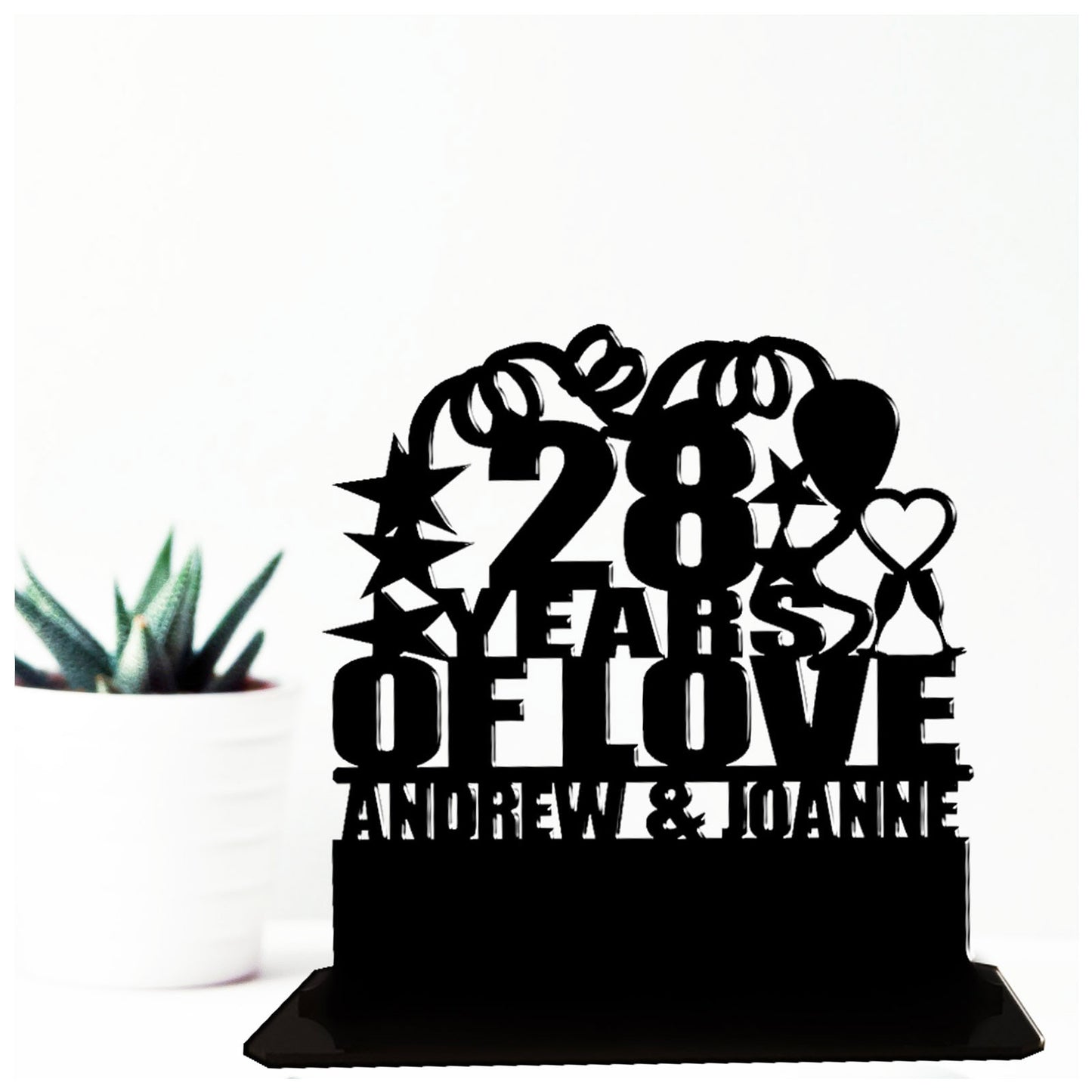 Personalised 28th year orchids wedding anniversary gift for husband and wife. This standalone present is an anniversary keepsake ornamental plaque.