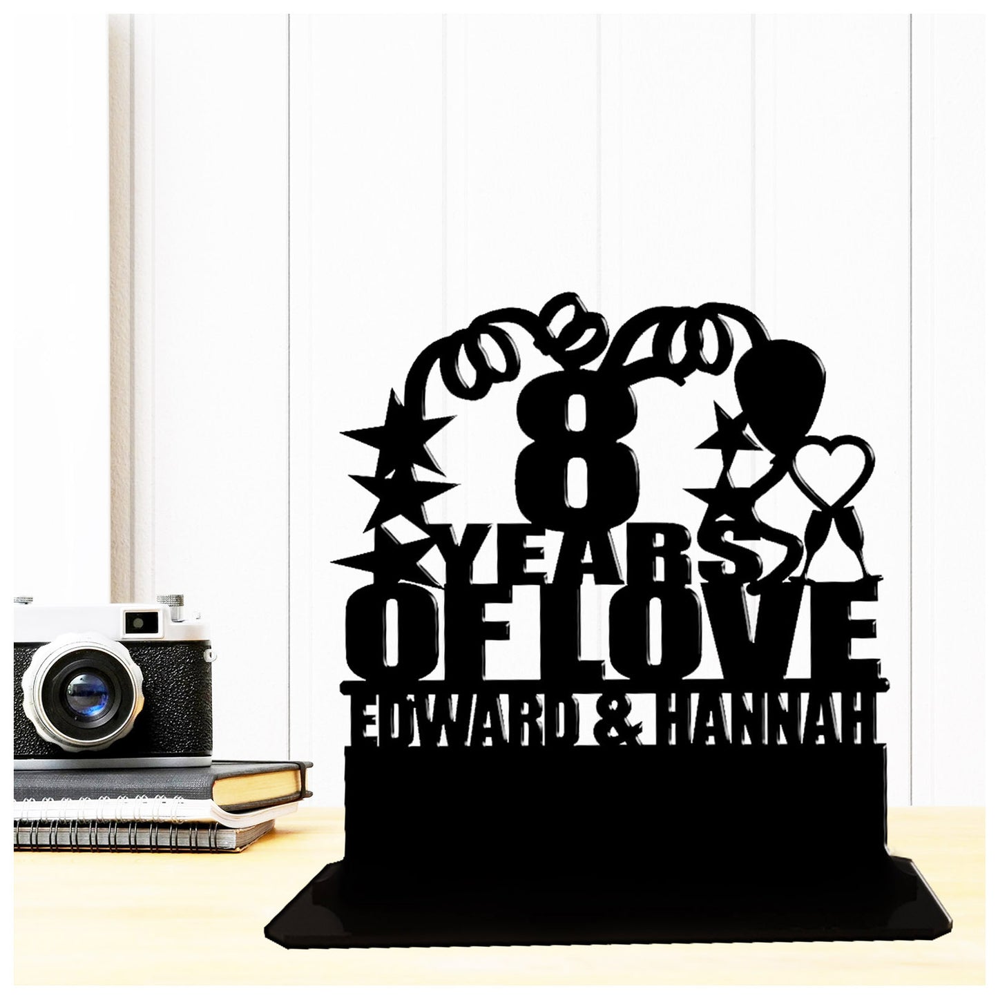 Personalised 8th year bronze wedding anniversary gift for husband and wife. This standalone present is an anniversary keepsake ornamental plaque.