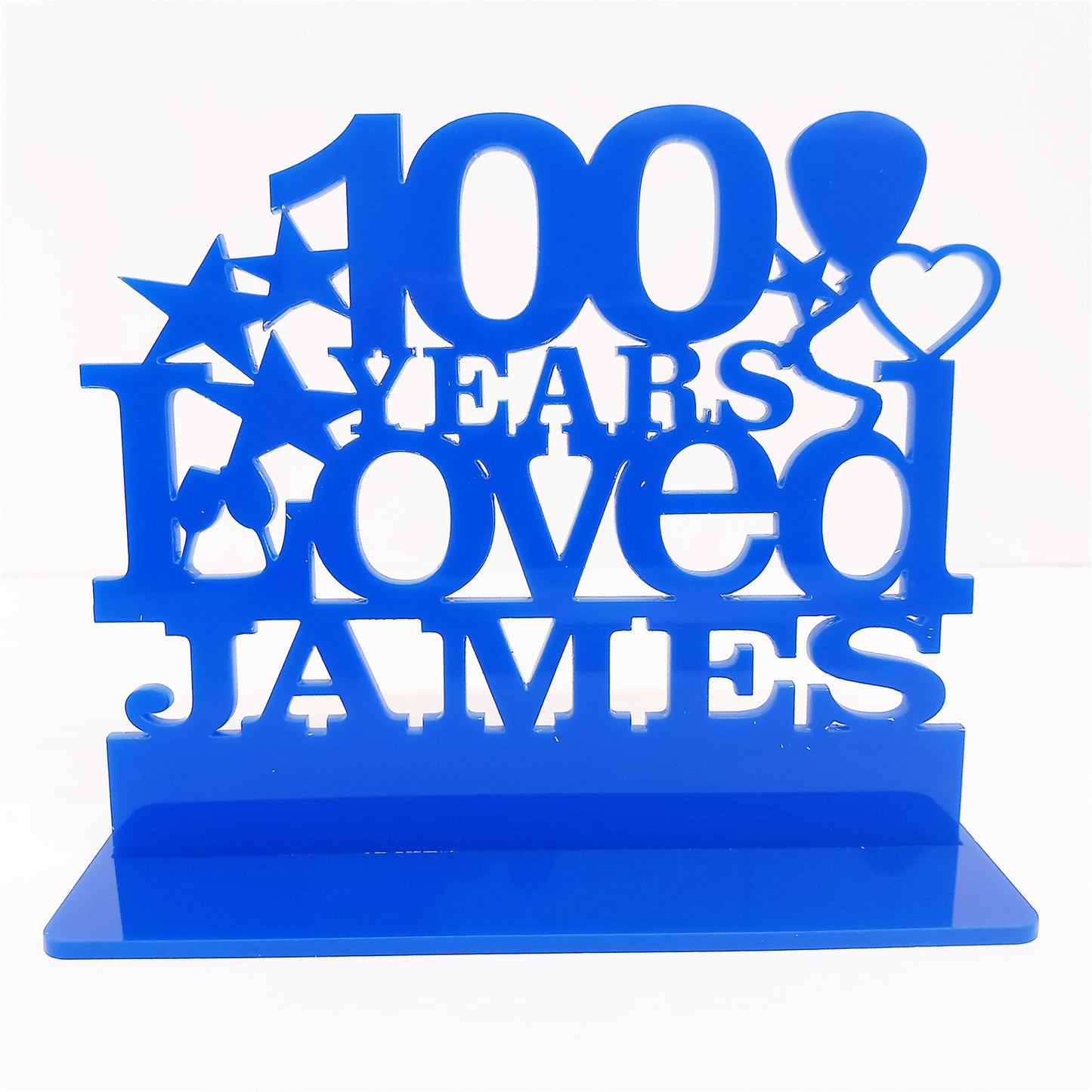 Personalised 100th birthday gift featuring our Years Loved birthday design theme. This present is an acrylic keepsake ornamental plaque.
