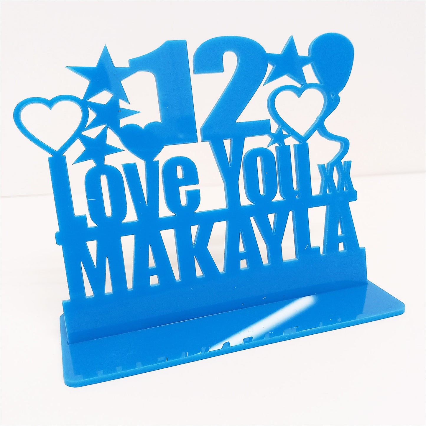 Personalised 12th birthday gift featuring the Love You birthday design theme. This present is an acrylic keepsake ornamental plaque.