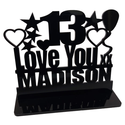 Personalised 13th birthday gift featuring our Love You birthday design theme. This present is an acrylic keepsake ornamental plaque.
