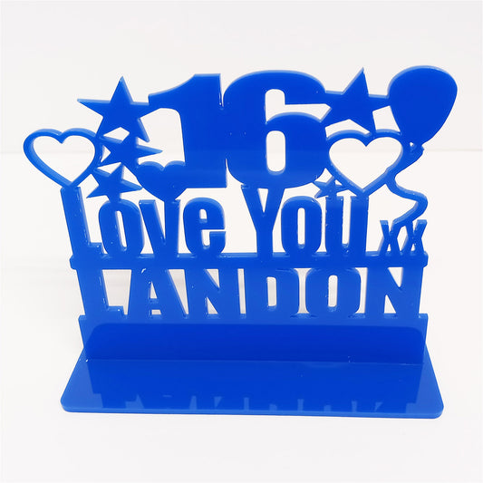 Personalised 16th birthday gift featuring our Love You birthday design theme. This present is an acrylic keepsake ornamental plaque.