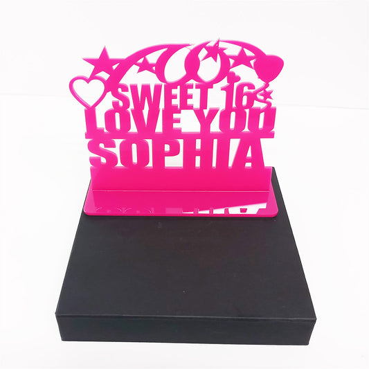 Personalised sweet 16 birthday gift idea featuring our Love You birthday design theme. This present is an acrylic keepsake ornamental plaque.