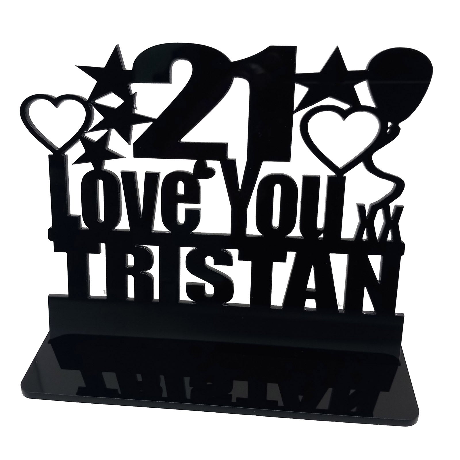 Personalised 21st birthday gift featuring our Love You birthday design theme. This present is an acrylic keepsake ornamental plaque.