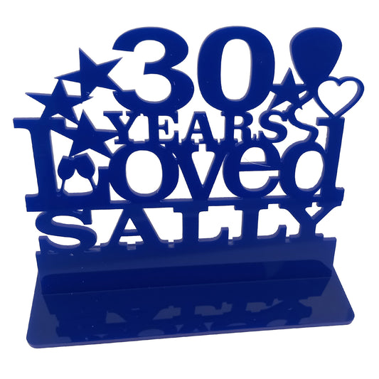 Personalised 30th birthday gift featuring our Years Loved birthday design theme. This present is an acrylic keepsake ornamental plaque.