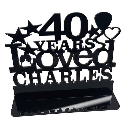 Personalised 40th birthday gift featuring our Years Loved birthday design theme. This present is an acrylic keepsake ornamental plaque.