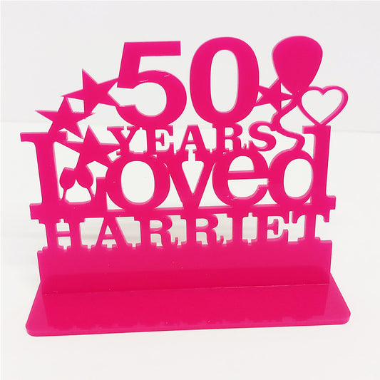 Personalised 50th birthday gift featuring our Years Loved birthday design theme. This present is an acrylic keepsake ornamental plaque.