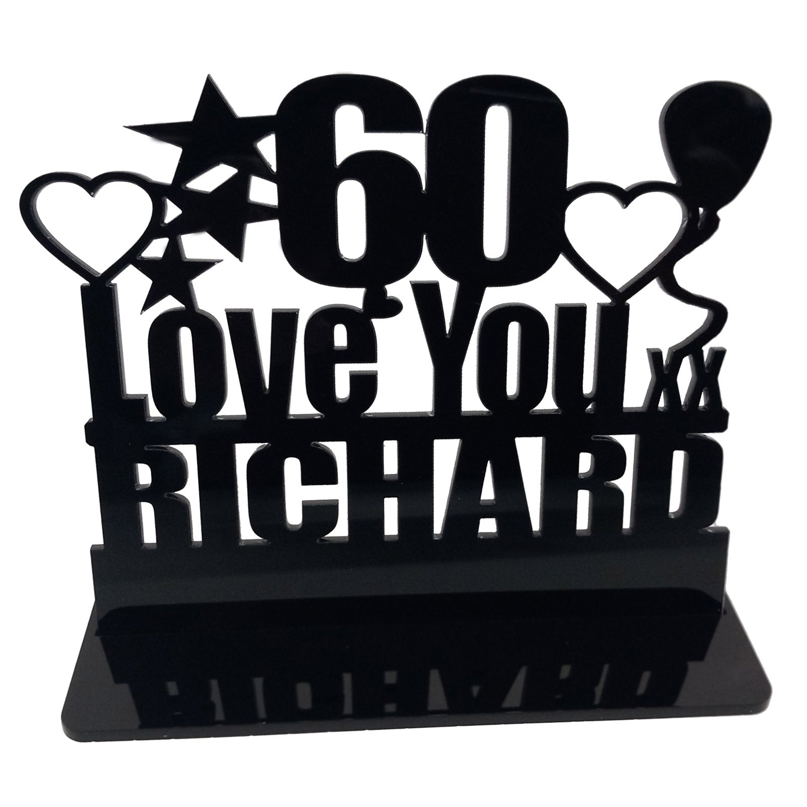 Personalised 60th birthday gift featuring our Love You birthday design theme. This present is an acrylic keepsake ornamental plaque.