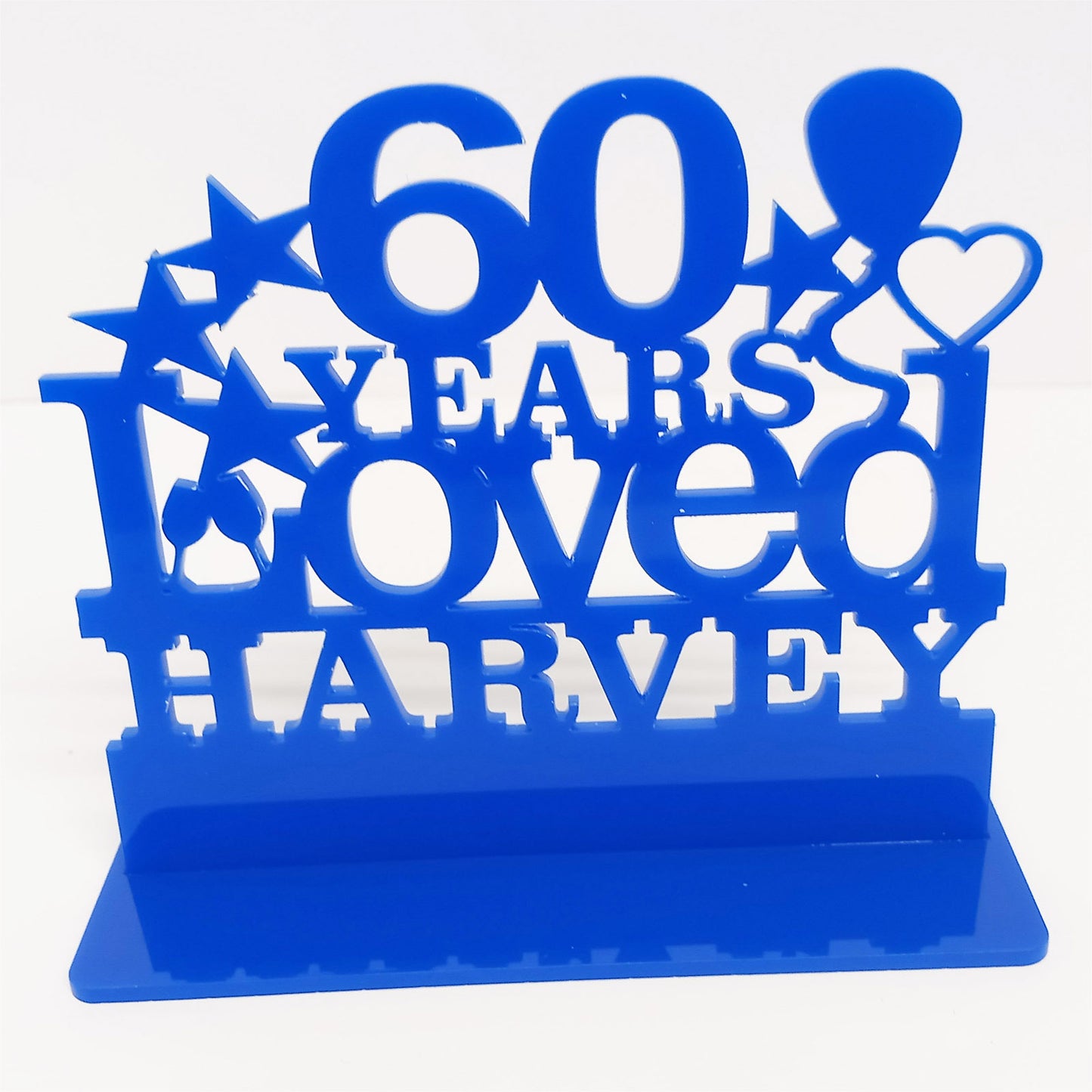 Personalised 60th birthday gift featuring our Years Loved birthday design theme. This present is an acrylic keepsake ornamental plaque.