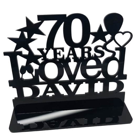 Personalised 70th birthday gift featuring our Years Loved birthday design theme. This present is an acrylic keepsake ornamental plaque.