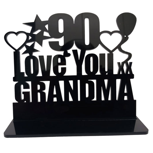 Personalised 90th birthday gift featuring our Love You birthday design theme. This present is an acrylic keepsake ornamental plaque.