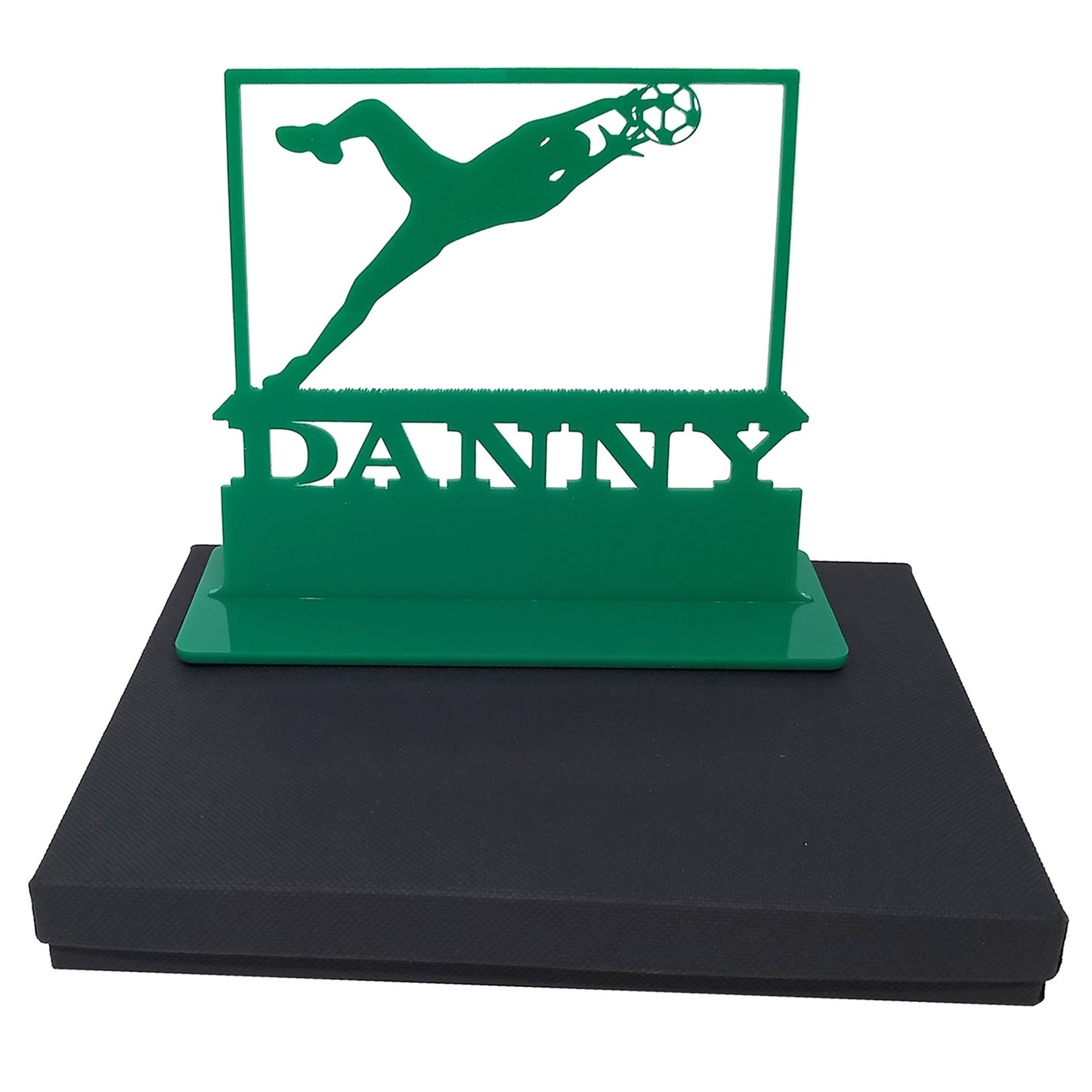 Personalised unique acrylic football goalkeeper gifts. This standalone present is a keepsake ornament plaque.