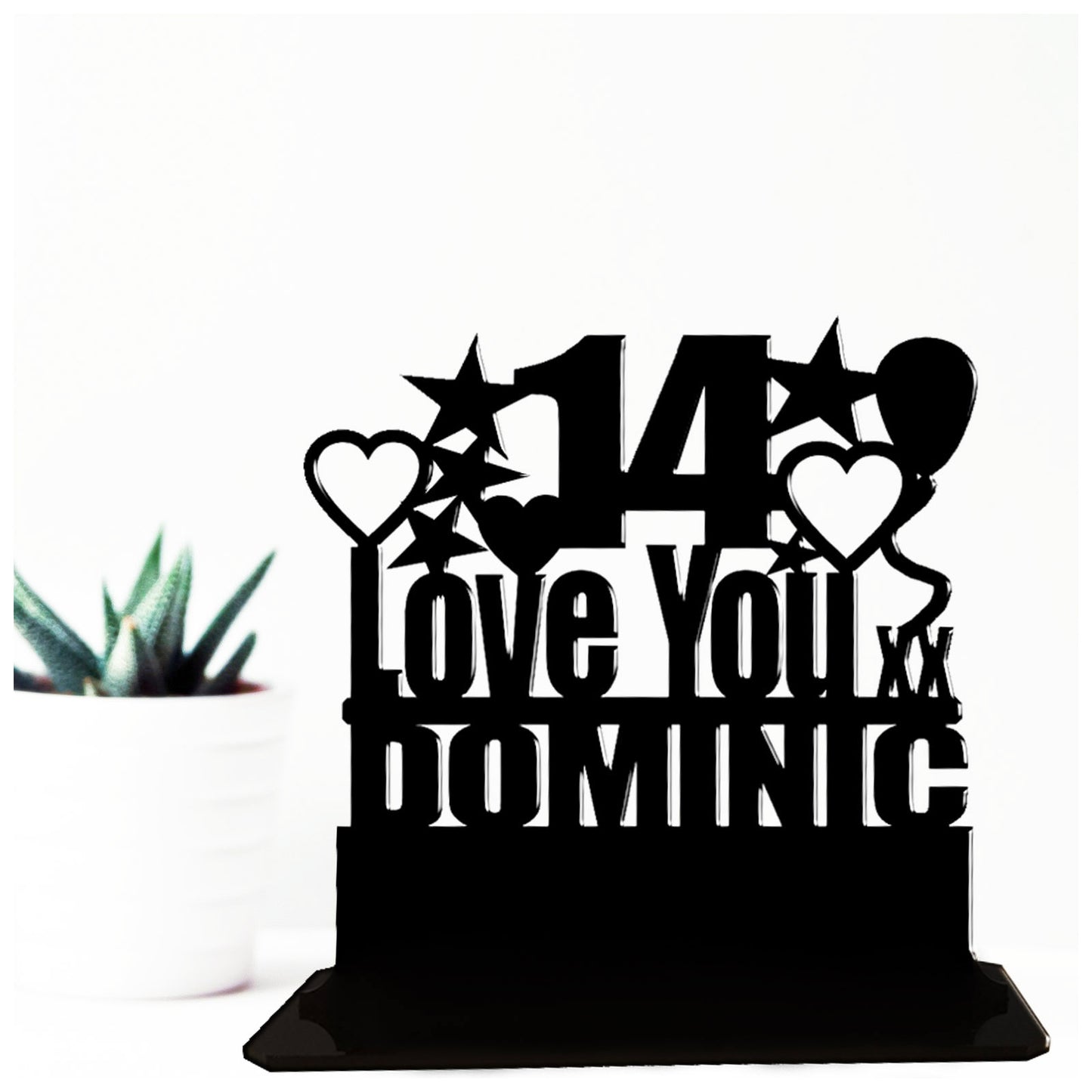 Personalised 14th birthday gift featuring our Love You birthday design theme. This present is an acrylic keepsake ornamental plaque.