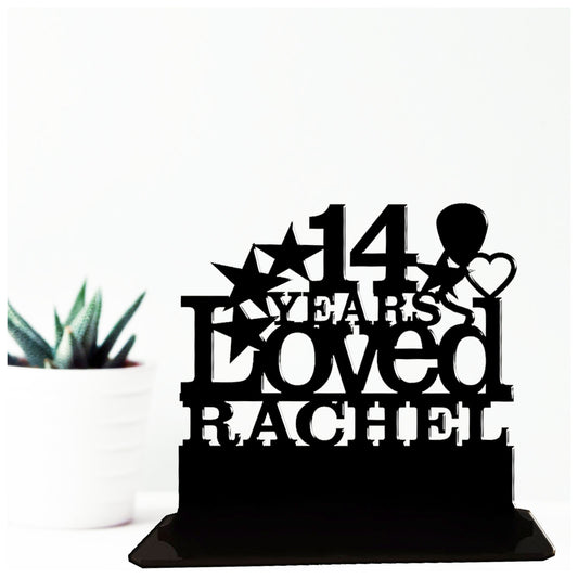 Personalised 14th birthday gift featuring our Years Loved birthday design theme. This present is an acrylic keepsake ornamental plaque.
