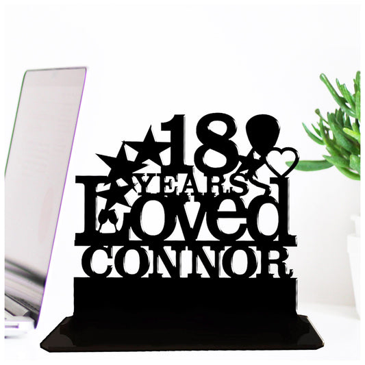 Personalised 18th birthday gift featuring our Years Loved birthday design theme. This present is an acrylic keepsake ornamental plaque.