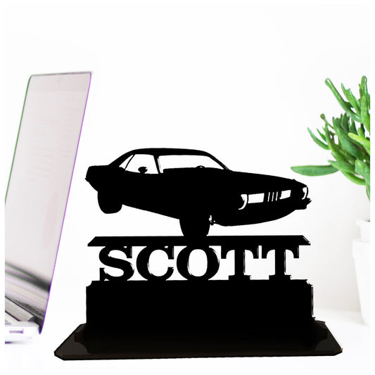 Acrylic personalised 1971 Hemi Cuda muscle car gift ideas for vintage car collectors. Standalone keepsake ornaments.