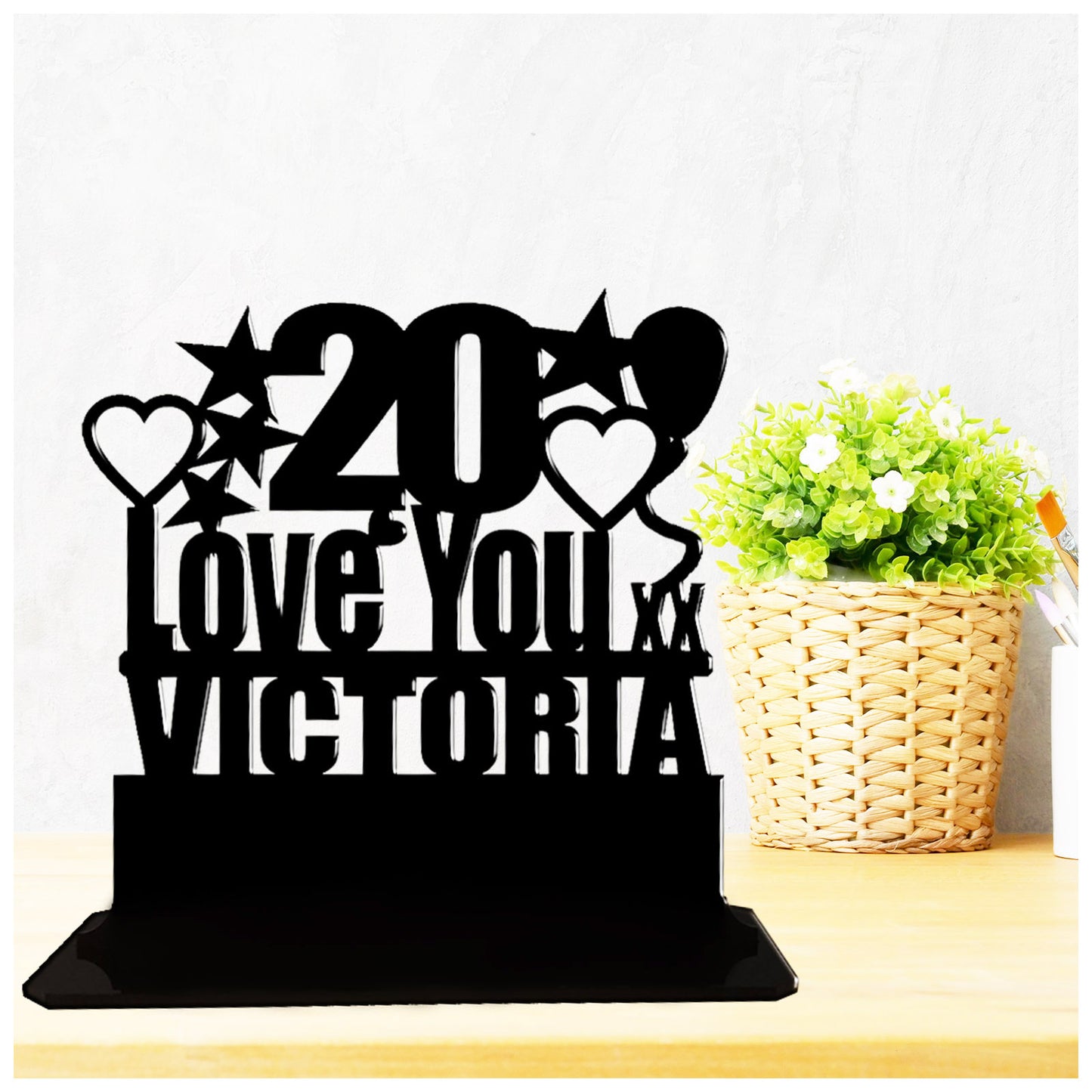 Personalised 20th birthday gift featuring our Love You birthday design theme. This present is an acrylic keepsake ornamental plaque.