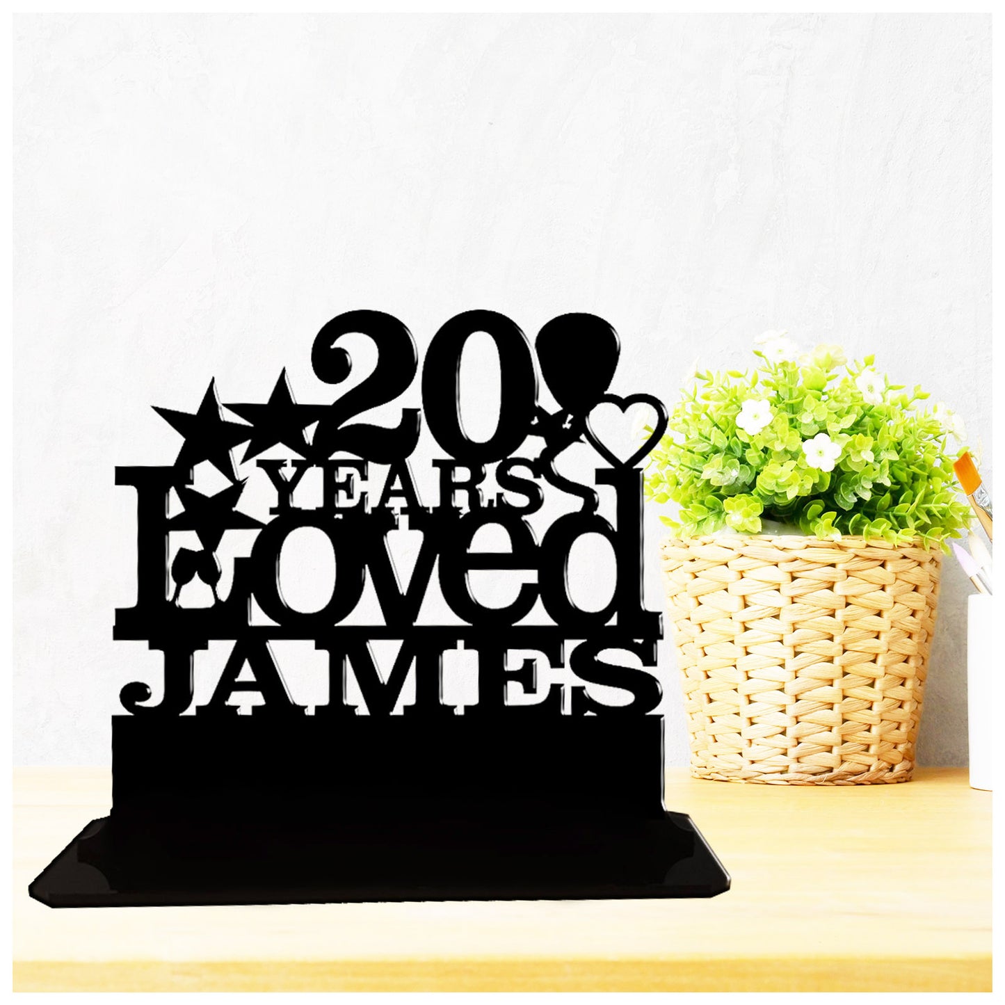 Personalised 20th birthday gift featuring our Years Loved birthday design theme. This present is an acrylic keepsake ornamental plaque.