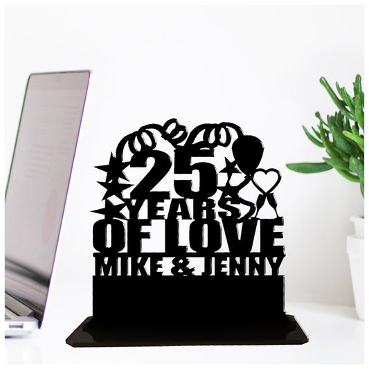 Personalised 25th year silver wedding anniversary gift for husband and wife. This standalone present is an anniversary keepsake ornamental plaque.