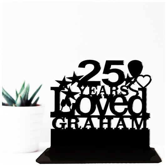 Personalised 25th birthday gift featuring our Years Loved birthday design theme. This present is an acrylic keepsake ornamental plaque.