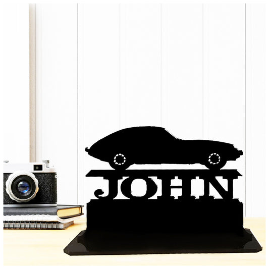 Acrylic personalised 60s E Type British classic car gift idea for collectors and enthusiasts. Standalone keepsake ornaments.