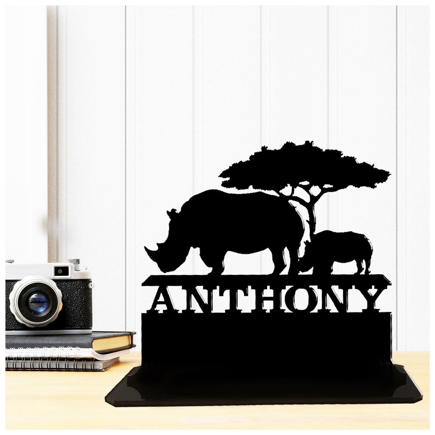 Acrylic personalized rhinoceros themed rhino lovers gifts for him and her. Standalone keepsake ornaments.