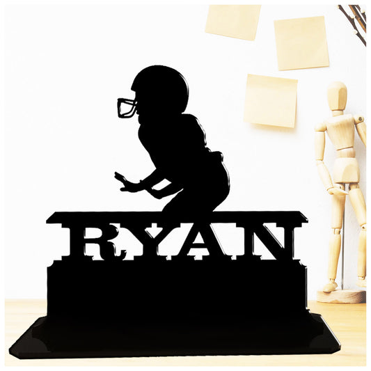 Personalised acrylic American boy football player gift. This standalone present is an anniversary keepsake ornamental plaque.