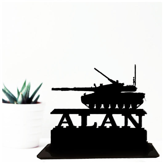 Acrylic personalised battle tank themed gift ideas for someone in the army. Standalone keepsake ornaments.