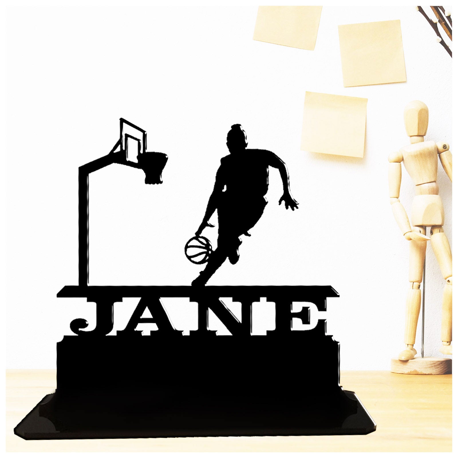 Personalised acrylic solo female basketball player birthday gift for her. This standalone present is keepsake ornamental plaque.