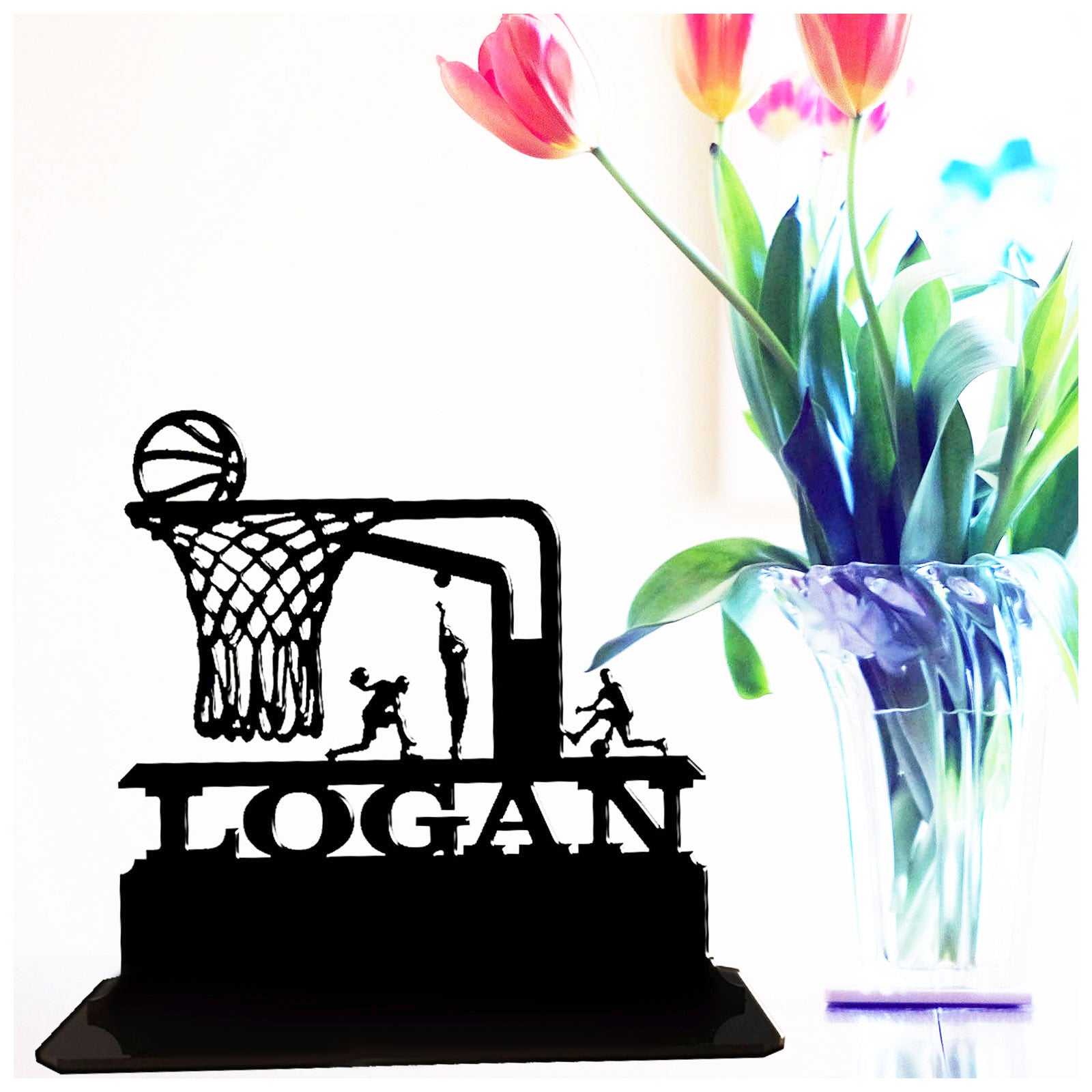 Personalised acrylic basketball player net themed birthday gift for him. This standalone present is keepsake ornamental plaque.