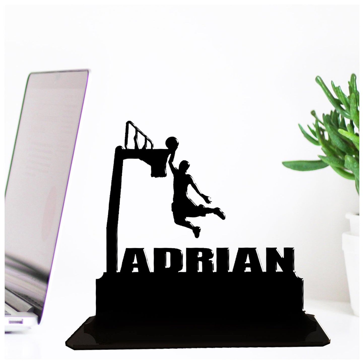 Personalised acrylic basketball player birthday gift for him. This standalone present is keepsake ornamental plaque.