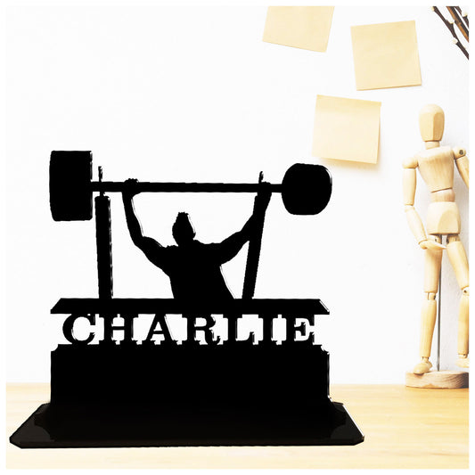 Personalised acrylic bench press gift for gym lovers. This standalone present is keepsake ornamental plaque.