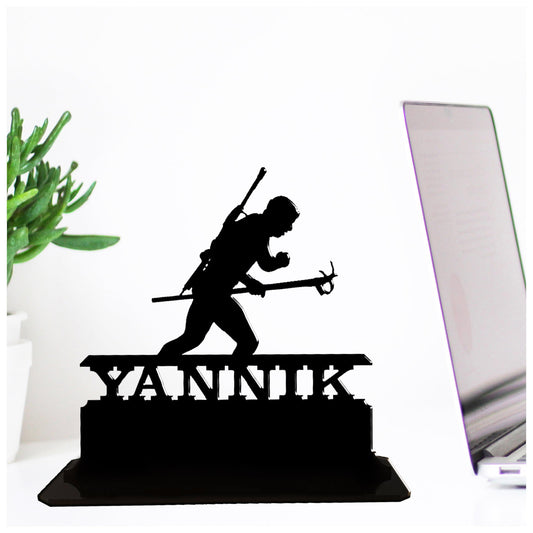 Personalised acrylic biathlon gift for men. This standalone present is keepsake ornamental plaque.