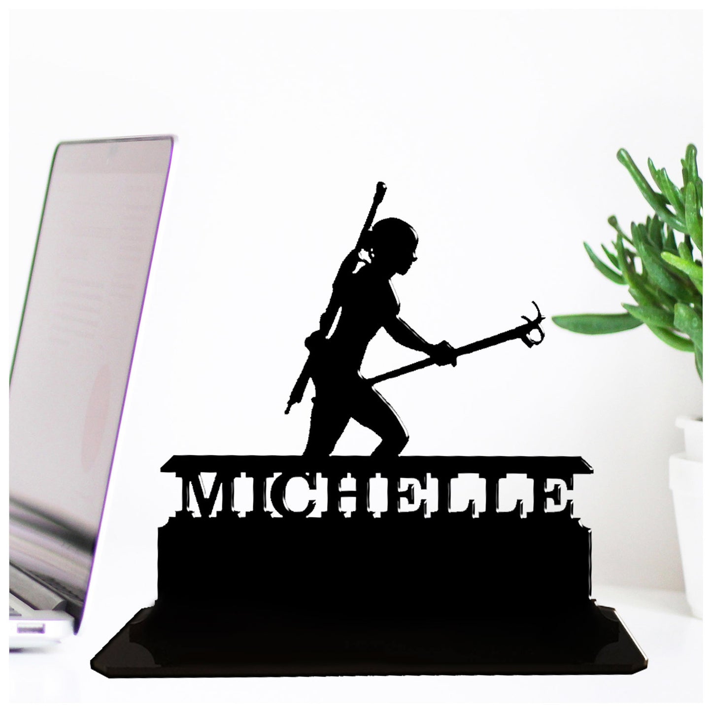 Personalised acrylic biathlon gift for women. This standalone present is keepsake ornamental plaque.