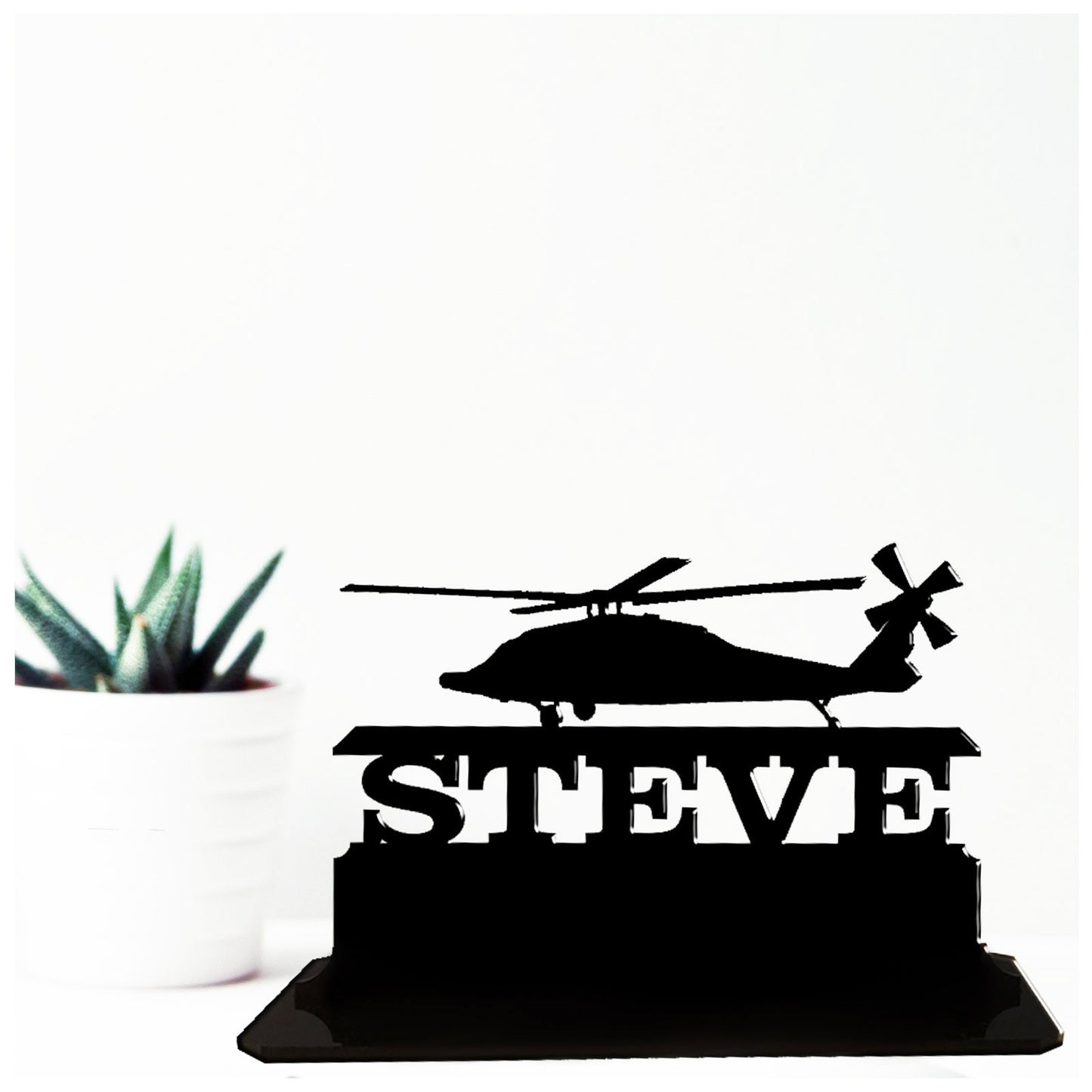 Acrylic personalised army Black Hawk hellicopter birthday gift ideas. Standalone keepsake ornaments.