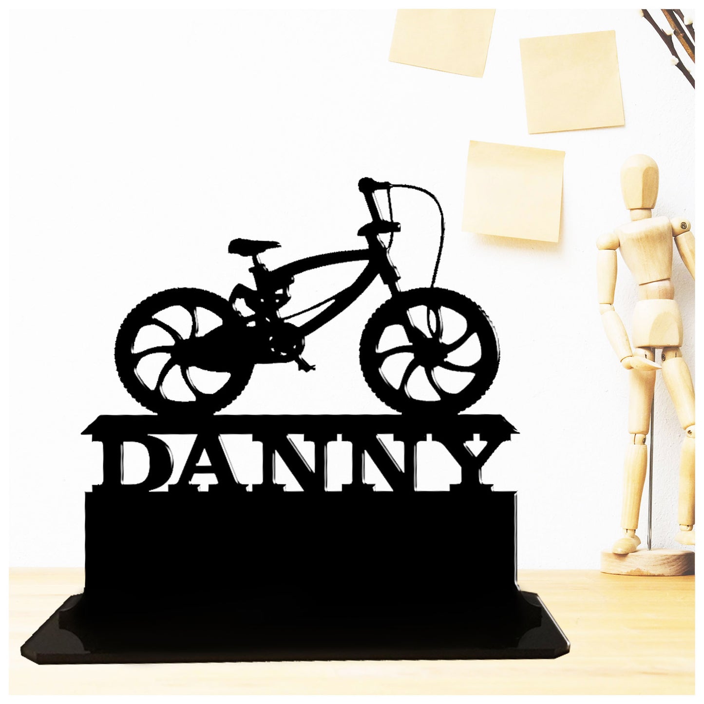 Personalised acrylic gift for bmx riders. This standalone present is a keepsake ornamental plaque.