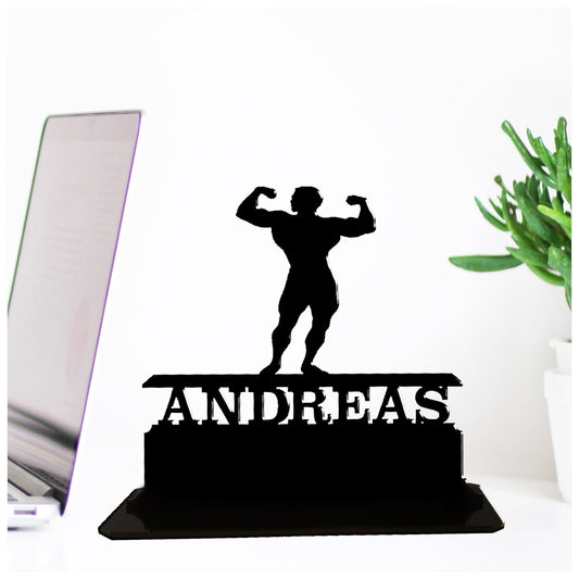 Personalised acrylic bodybuilder gifts for him. This standalone present is a keepsake ornamental plaque.