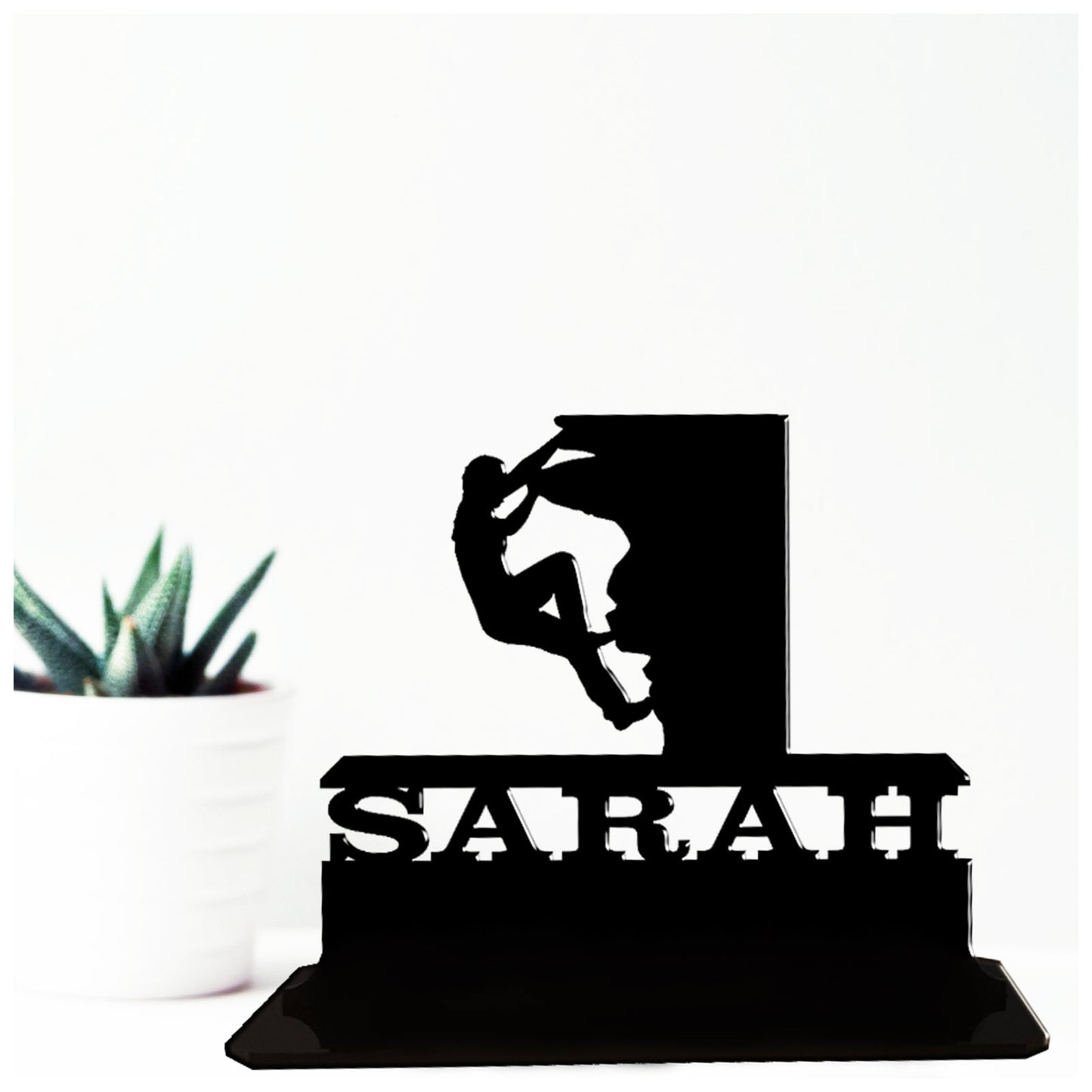 Personalised acrylic bouldering gift for women. This standalone present is a keepsake ornamental plaque.