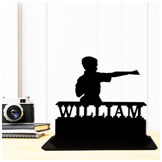 Personalised acrylic kick boxing martial arts gifts for boys. This standalone present is a keepsake ornamental plaque.