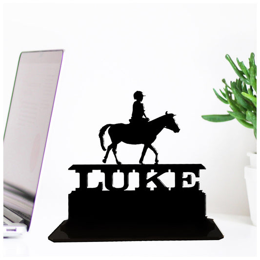 Personalised acrylic horse riding gift for boys. This standalone present is a keepsake ornamental plaque.