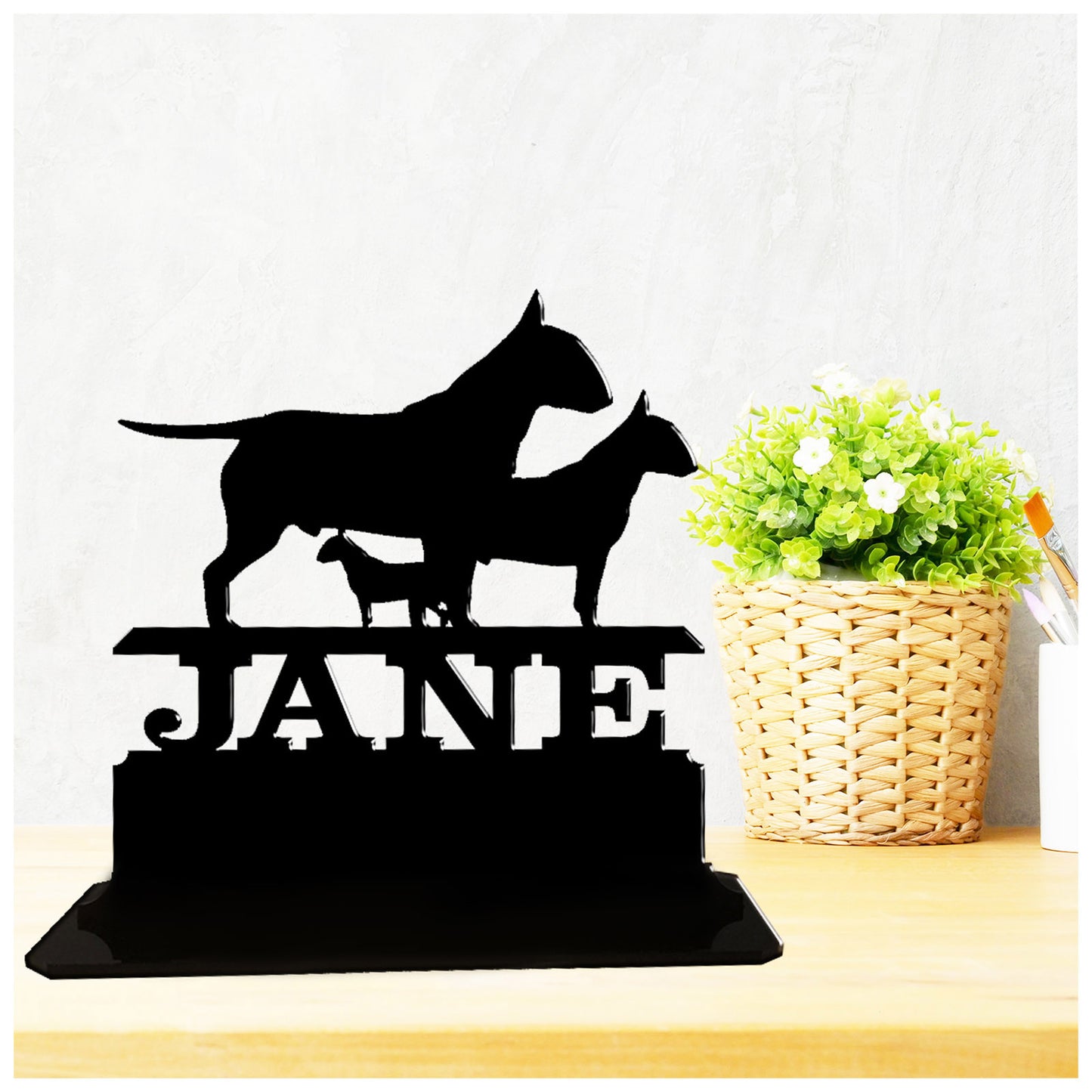 Acrylic personalized gift ideas for bull terrier owners and lovers. Standalone keepsake ornaments.