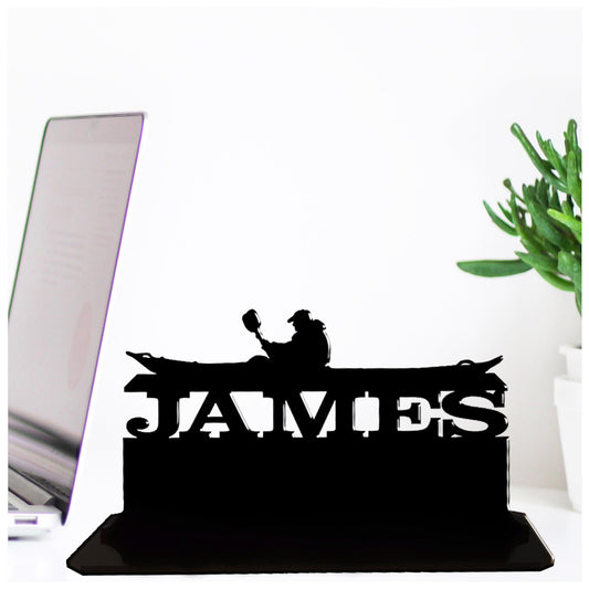 Personalised acrylic gift for male canoe lovers. This standalone present is a keepsake ornament plaque.