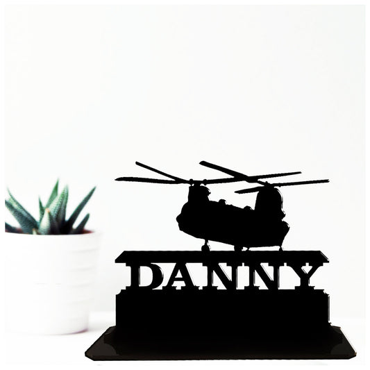 Acrylic personalised Chinook army hellicopter birthday gift ideas. Standalone keepsake ornaments.