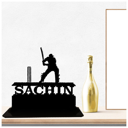 Personalised acrylic attacking batsman Ref 1 gifts for cricket fans. This standalone present is a keepsake ornament plaque.