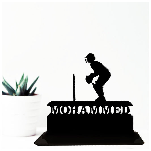 Personalised acrylic unique wicket keeper cricket themed presents. This standalone present is a keepsake ornament plaque.