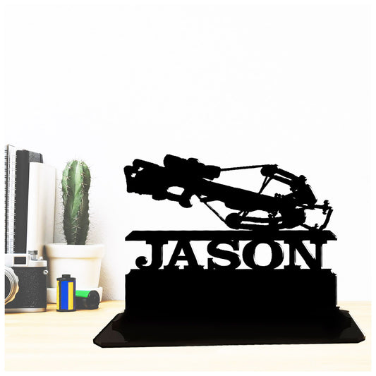 Personalised unique acrylic crossbow gift. This standalone present is a keepsake ornament plaque.