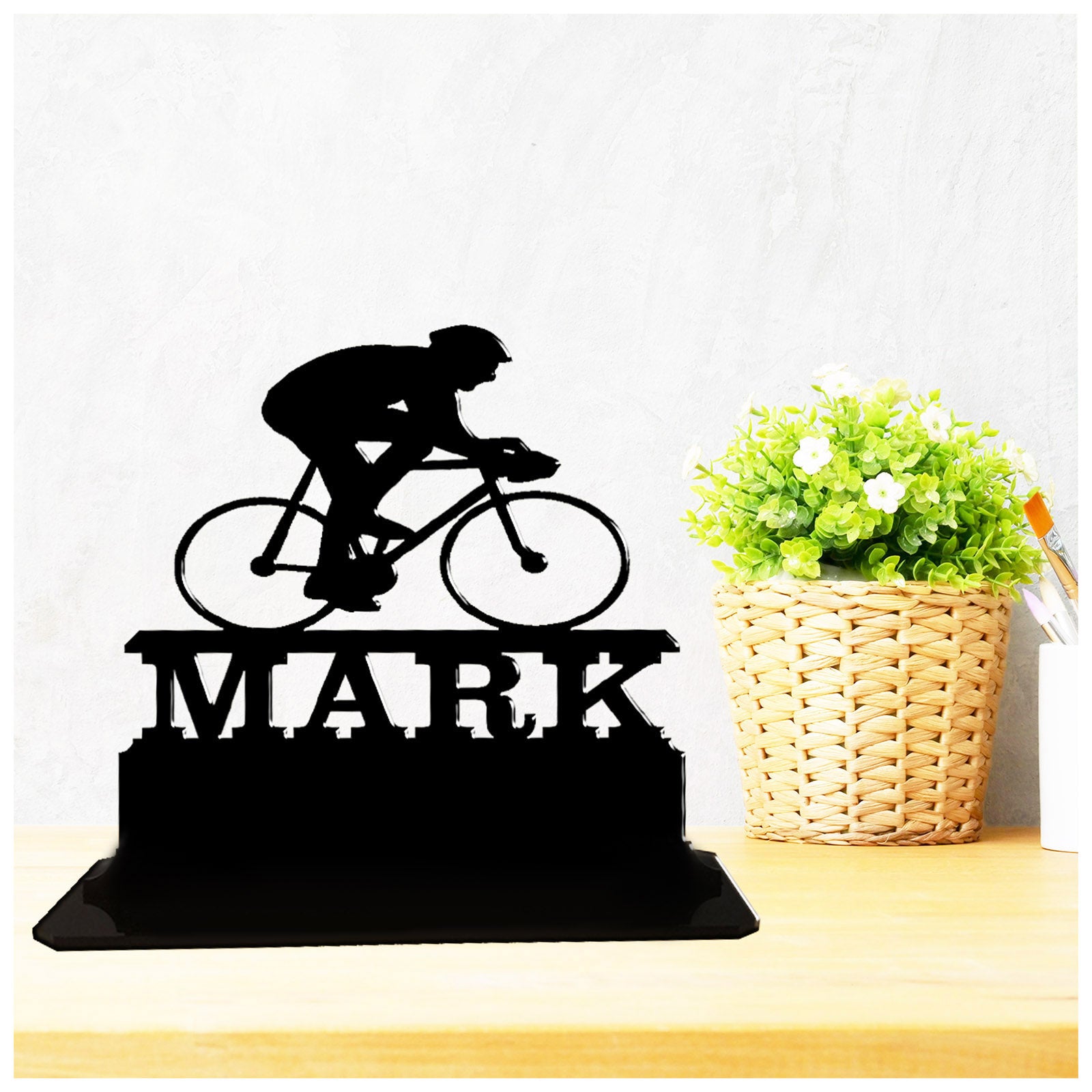 Personalised unique acrylic cycling gifts for men. This standalone present is a keepsake ornamental plaque.