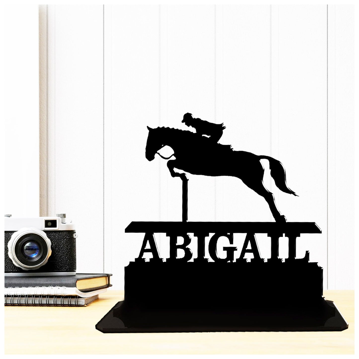 Personalised unique acrylic gifts for dressage riders. This standalone present is a keepsake ornament plaque.