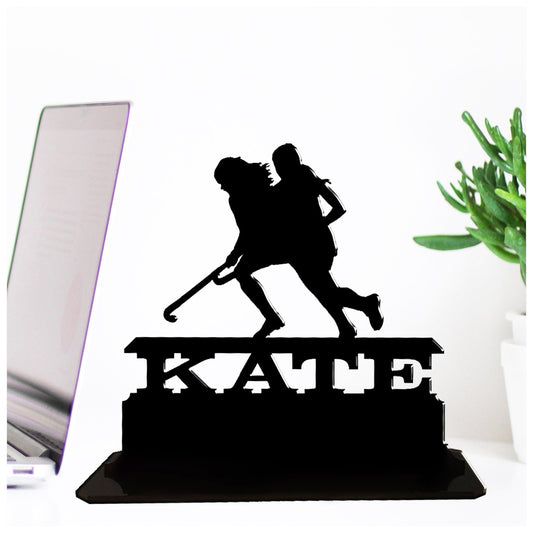 Personalised unique acrylic gifts for female field hockey players. This standalone present is a keepsake ornament plaque.