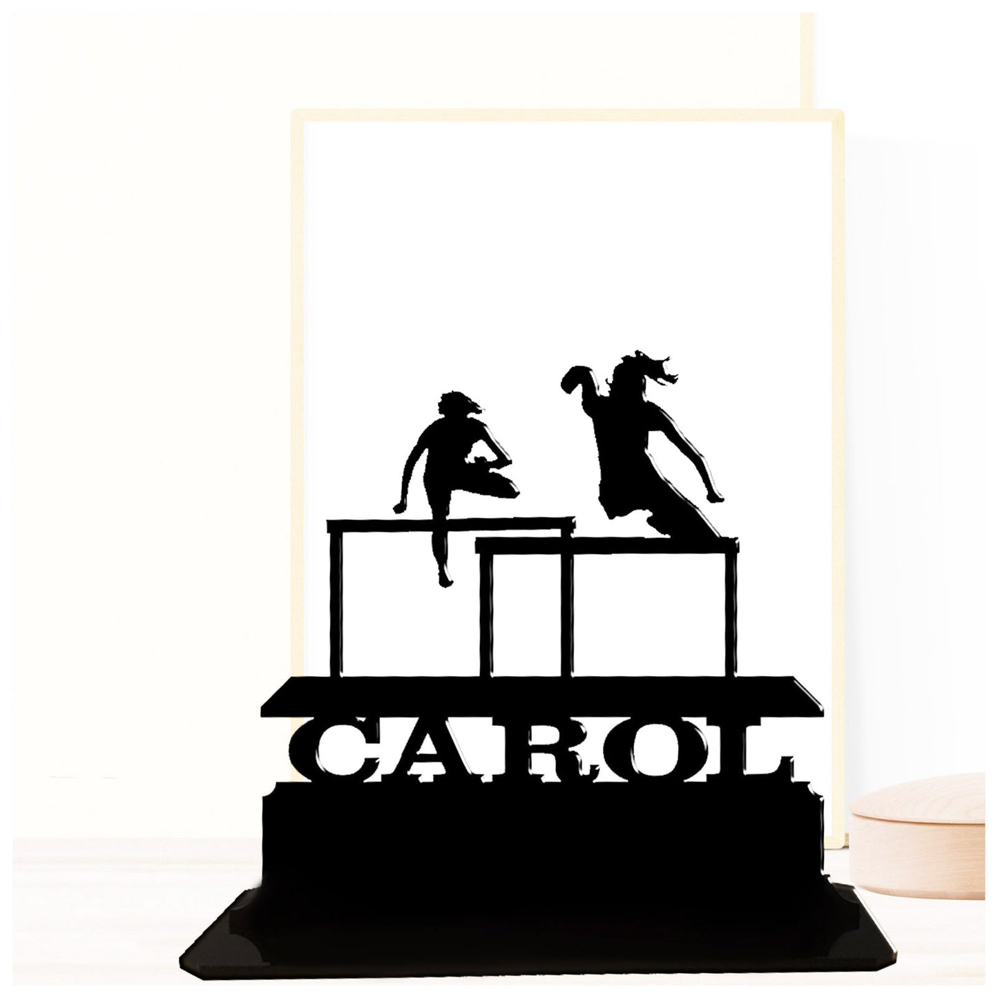 Personalised unique acrylic gifts for female hurdler track athletes. This standalone present is a keepsake ornament plaque.